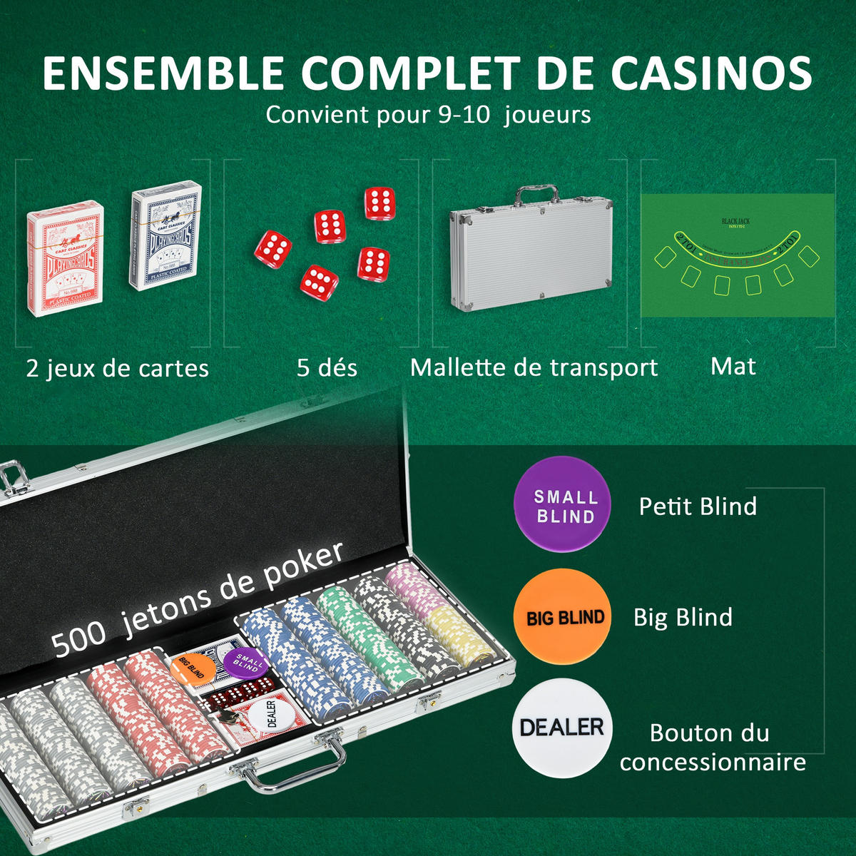 POKERKASETTE DE-18662 500 Jetons, 5 Würfel, 2 Kartendecks - Silberfarben, Metall (23.5/56cm) - ComfortXL