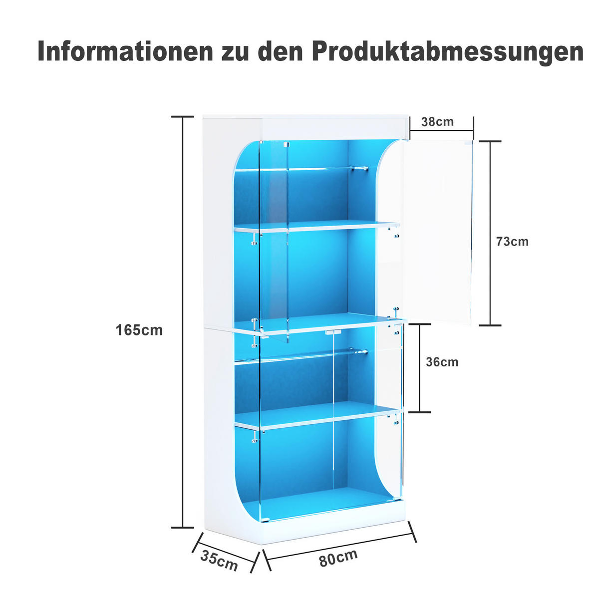 VITRINE aus Glas und Holzwerkstoff 80x35x165 cm Weiß mit LED-Beleuchtung, Sensor und USB-/Typ-C-Ladestation - Weiß, Holzwerkstoff (80/165/35cm) - Modfu
