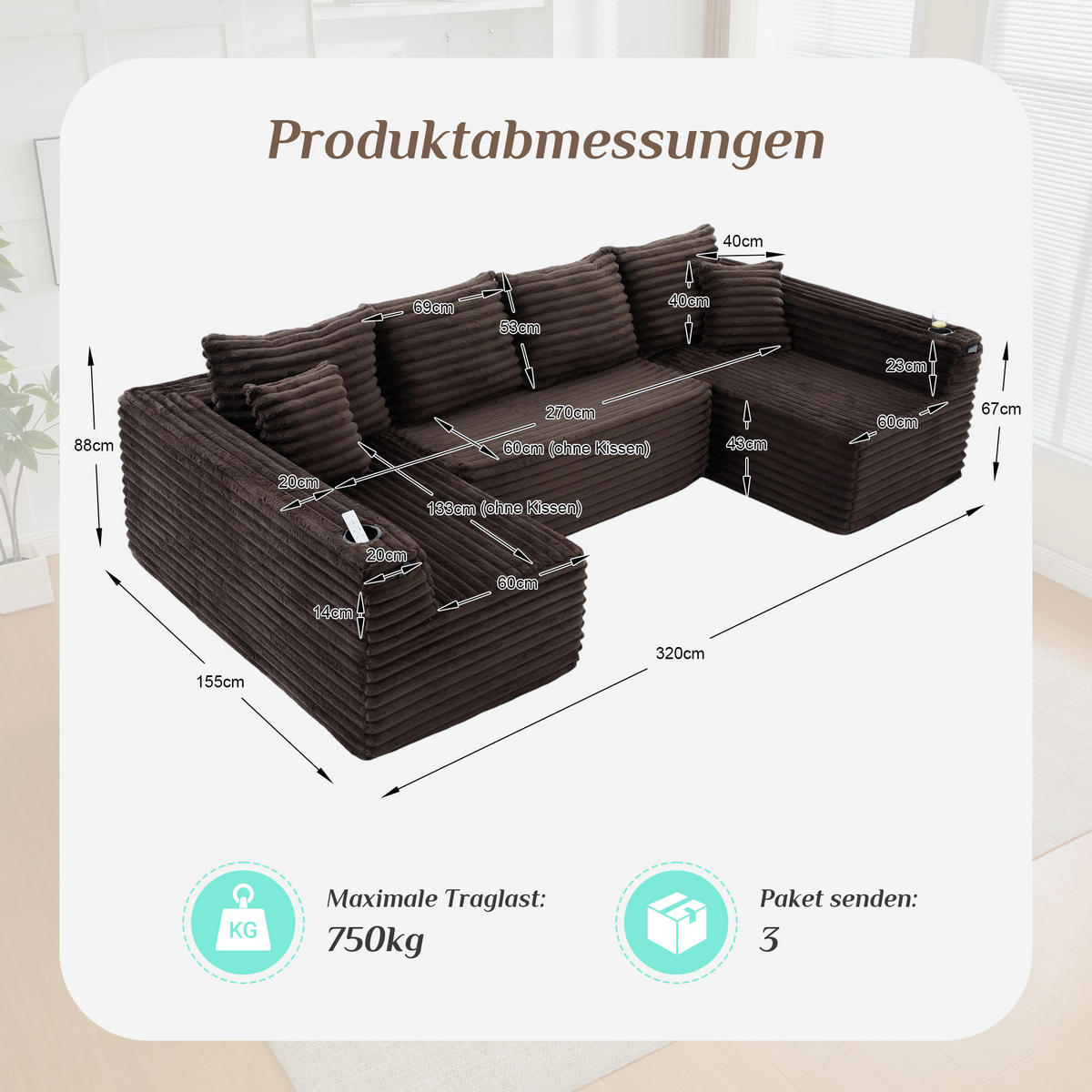 WOHNLANDSCHAFT 320/155/88 cm Braun mit Getränkehalter und Seitentasche - Braun, Textil (320/88/155cm) - Oxeza
