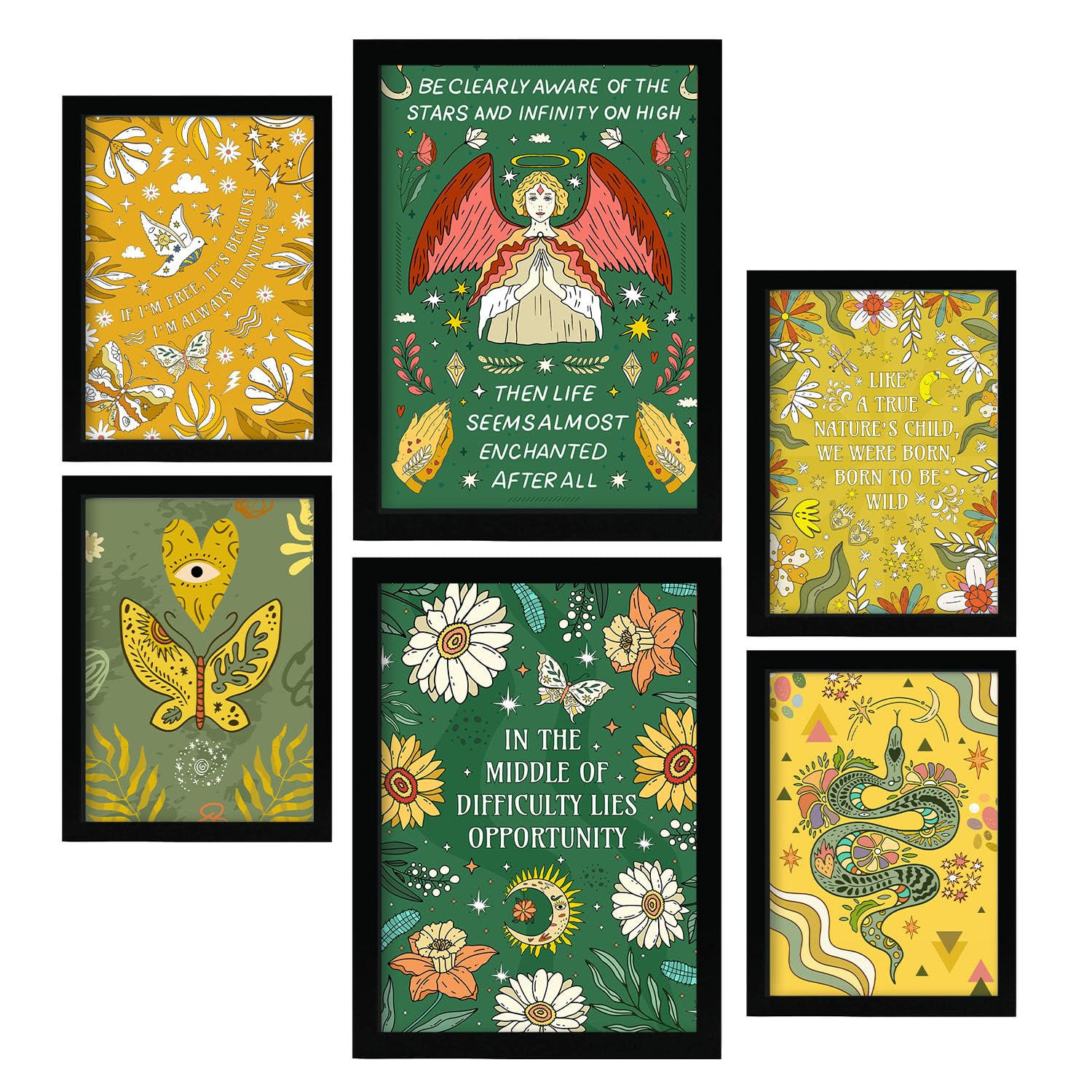POSTER Set Mit 6 Drucken Von I'M Free In Brilliant Groovy Style Collection Dekorative Rahmen Für Ihr Zuhause Wandkunstdruck A3 & A4 Schwarzer Rahmen - Schwarz, Papier (29/3cm) - Nacnic