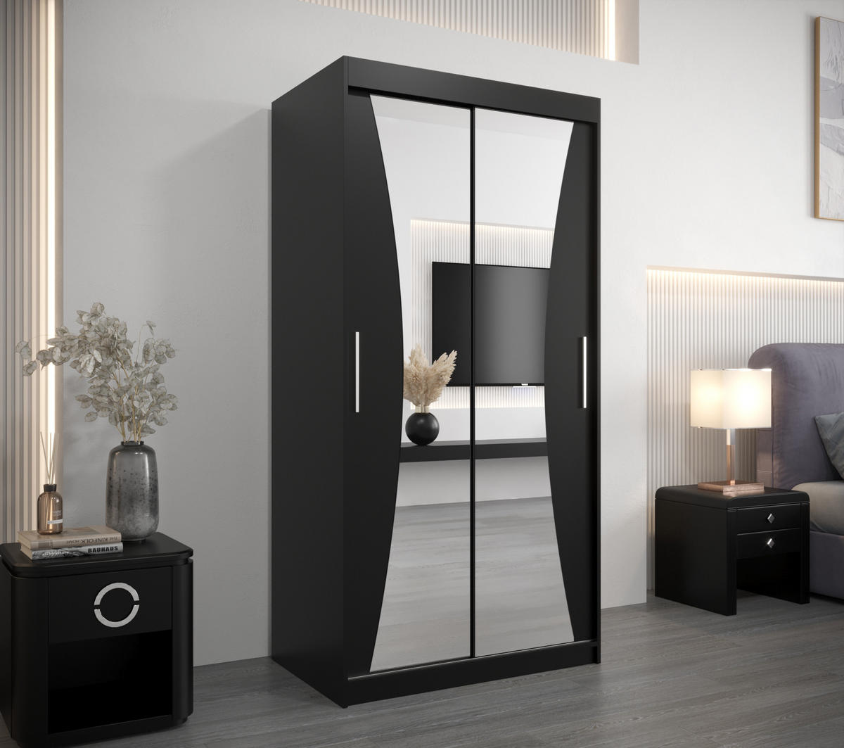 SCHWEBETÜRENSCHRANK 200/100/62 2-türig - Silberfarben/Schwarz, Holz/Kunststoff (100/200/62cm) - Abiks Möbel