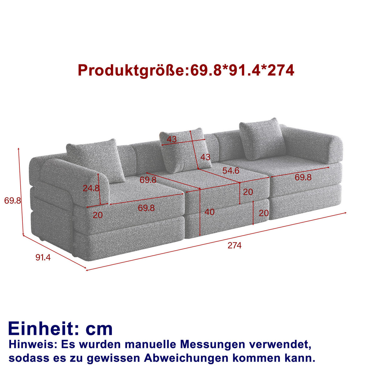 SCHLAFSOFA 2-in-1, Chenille mit Armlehnen-Staufach & Stahlrahmen, 91,4/274/69,8 cm, Grau - Grau, Textil (91.4/69.8/274cm) - Redom