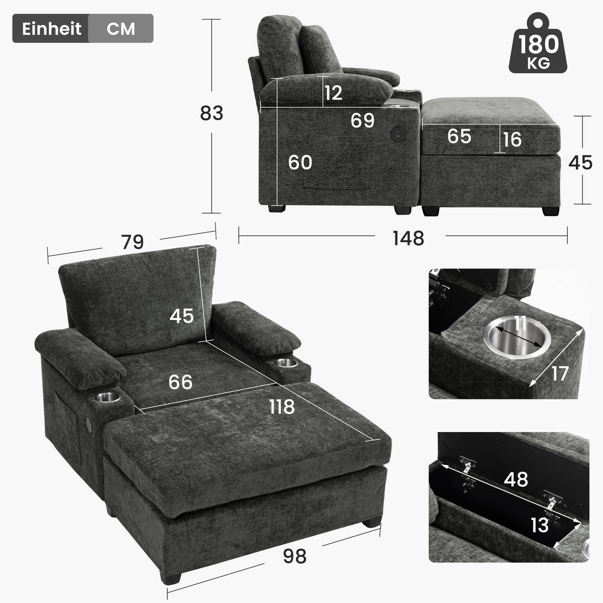 SESSEL DE-35287 mit USB und Getränkehalter Dunkelgrau - Dunkelgrau, Textil (98/83/148cm) - ComfortXL