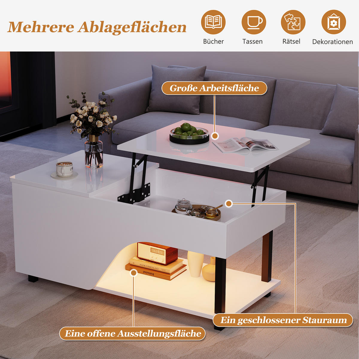 COUCHTISCH höhenverstellbar, Stauraum & Metallgestell, 50/100/46 cm, Spanplatte - Weiß, Holzwerkstoff/Metall (100/50/46cm) - EVRYAE