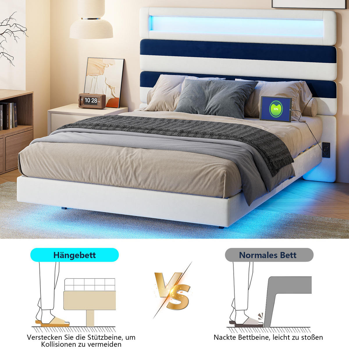 POLSTERBETT 140/190 cm mit RGB-LED-Beleuchtung am Kopfteil und unter dem Bett, USB-Anschluss, zweifarbig gestreiftes Kopfteil - Weiß, Holz/Metall (140/190cm) - Joyfair