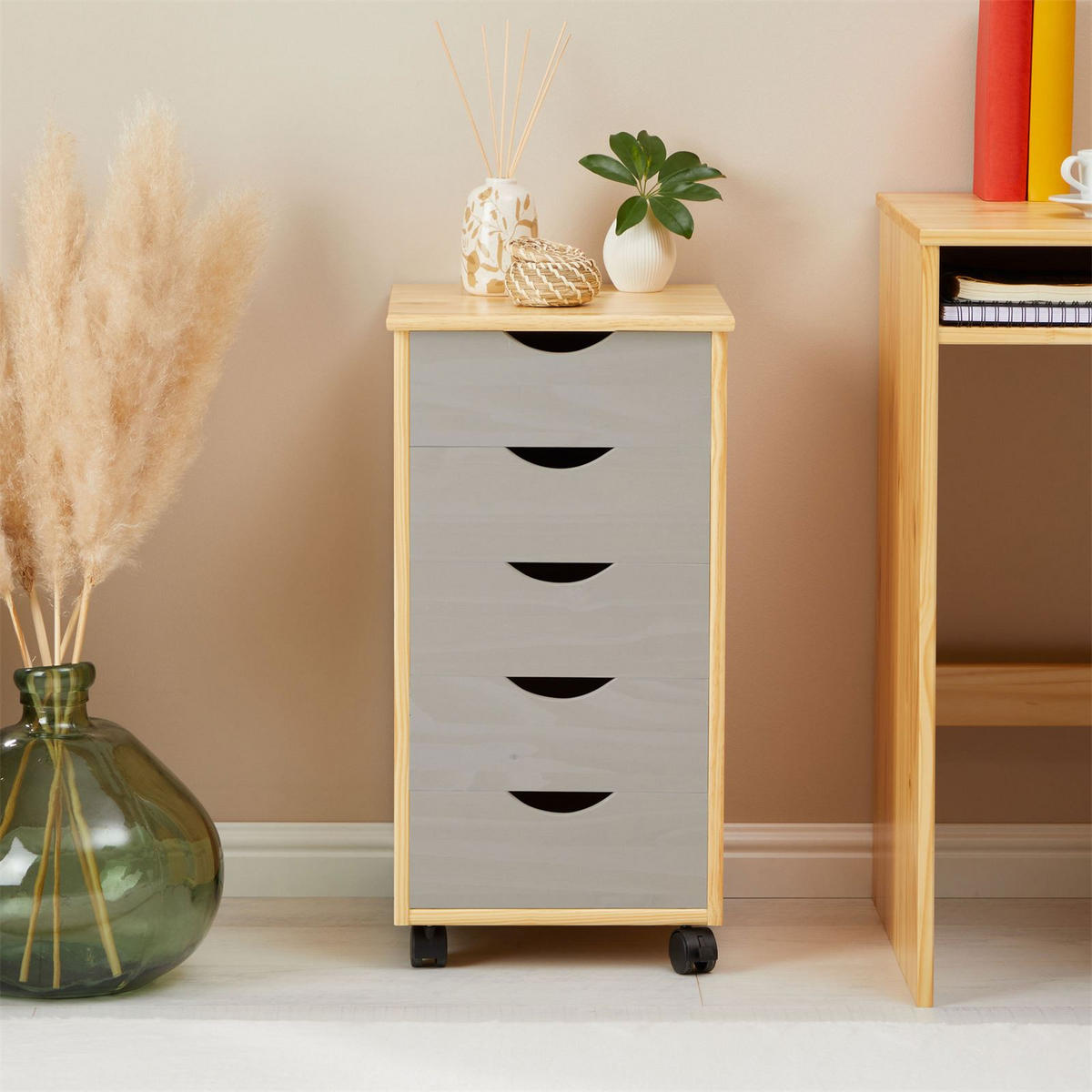 ROLLCONTAINER LAGOS - Naturfarben/Grau, Holz (35/65/40cm) - IDIMEX