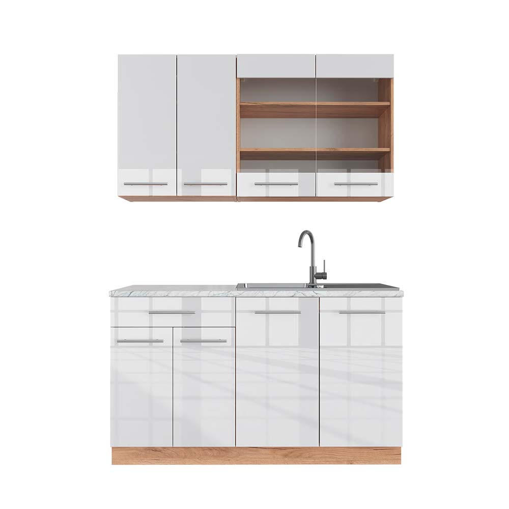 SINGLEKÜCHE Fame-Line Weiß Hochglanz/Goldkraft Eiche 140 cm, AP Marmor - Weiß Hochglanz/Eiche Wotan, Holzwerkstoff (140/81.6/60cm) - Vicco