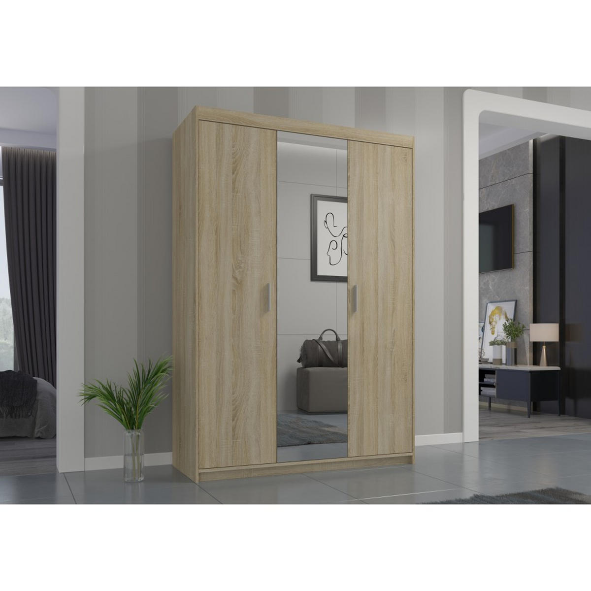 DREHTÜRENSCHRANK Elena mit 3 Türen, mit Spiegel, Sonoma Eiche - Sonoma Eiche, Holzwerkstoff (130/190/53cm) - Beautysofa