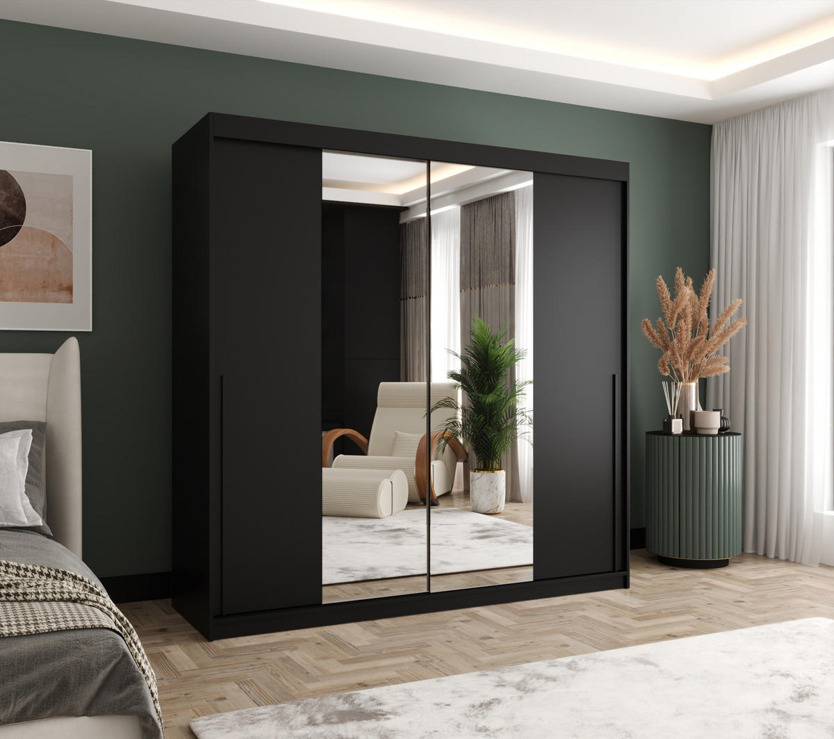 SCHIEBETÜRENSCHRANK mit Spiegel 200 cm Breite, schwarz, mit schwarzem Griff - Schwarz, Holzwerkstoff (200/200/62cm) - Home Collective
