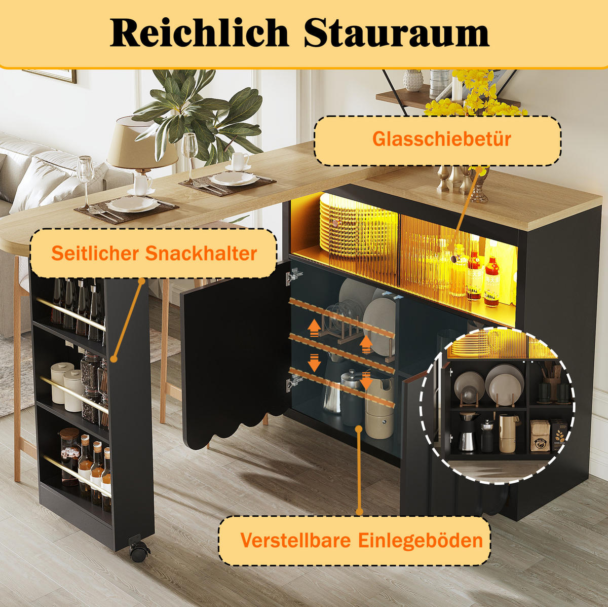 BARTISCH 135-205/39/100 cm mit Rollen, LED und Stauraum in Schwarz - Schwarz, Holzwerkstoff (135/39/100cm) - BEAOK