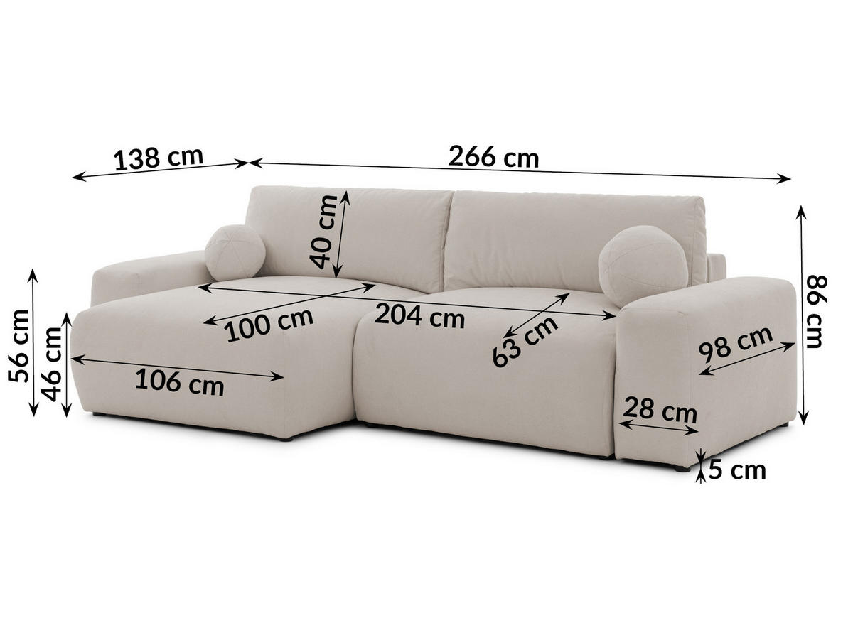 ECKSOFA Puffy mit Schlaffunktion und Bettkasten - besonders weich und puffig aus Beige Webstoff - Ottomane links - Beige/Schwarz, Holz/Kunststoff (138/266cm) - S-Style Möbel