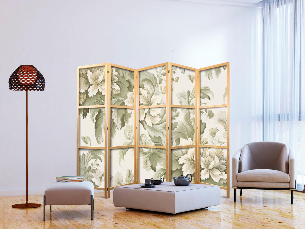PARAVENT Japanischer 5-tlg 225x172 cm Vintage Pflanzen - Beige, Holz/Textil (225/172/3cm) - Muralo