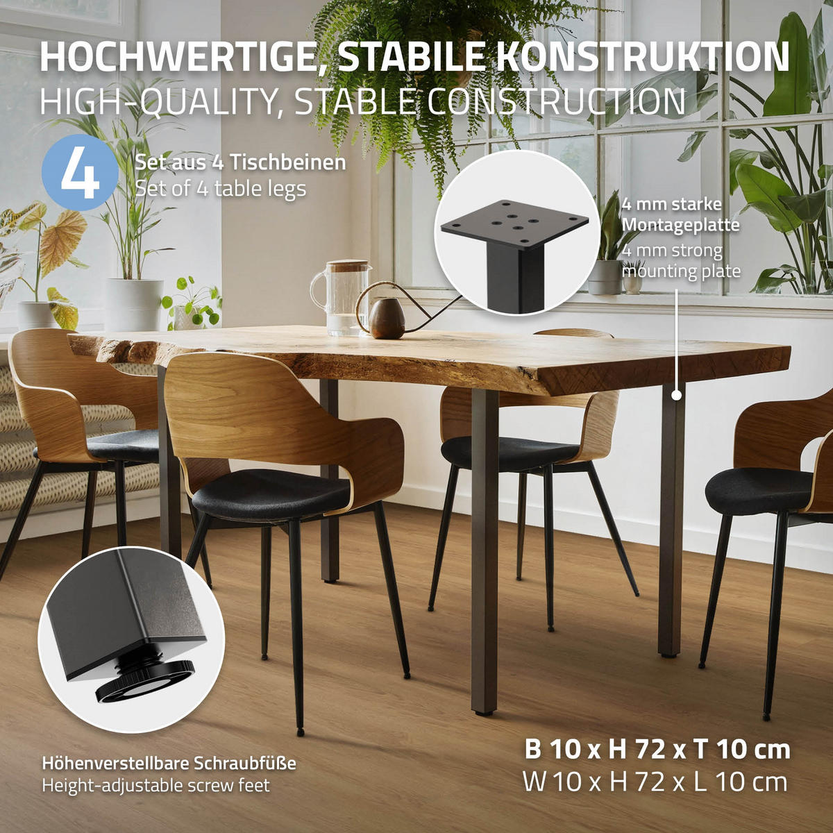 TISCHBEINE 4er Set I-Design H:72 cm Dunkelgrau 4x4 cm - Dunkelgrau, Metall (4/72/4cm) - ML-DESIGN