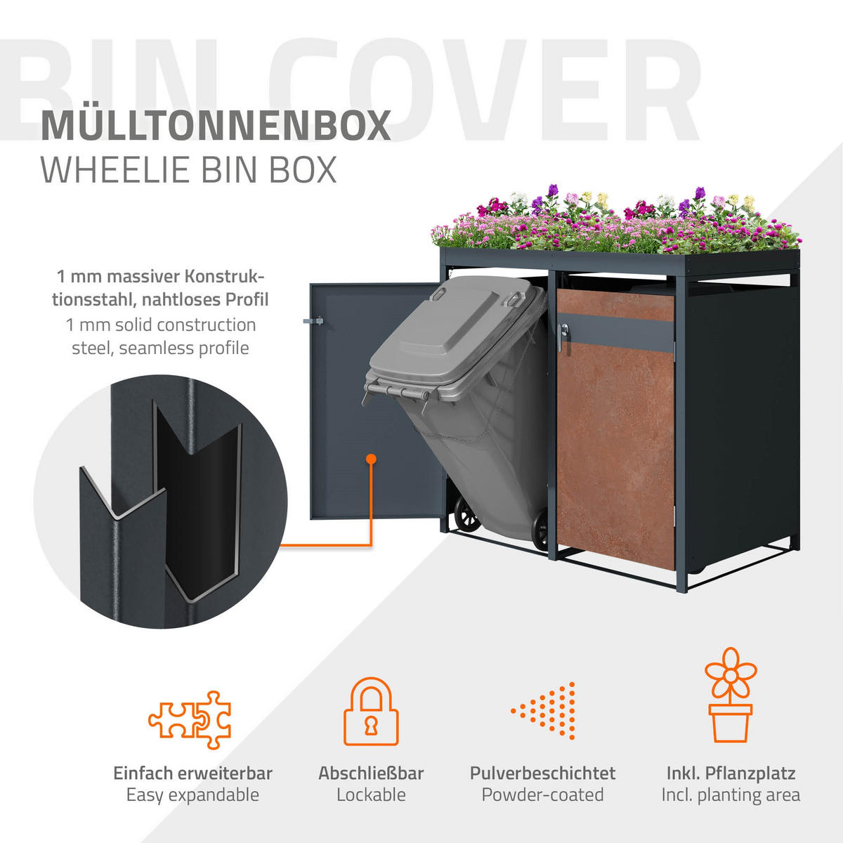 MÜLLTONNENBOX 4er mit Pflanzdach Anthrazit-Rostoptik - Rotbraun, Metall (80/124/264cm) - ML-DESIGN