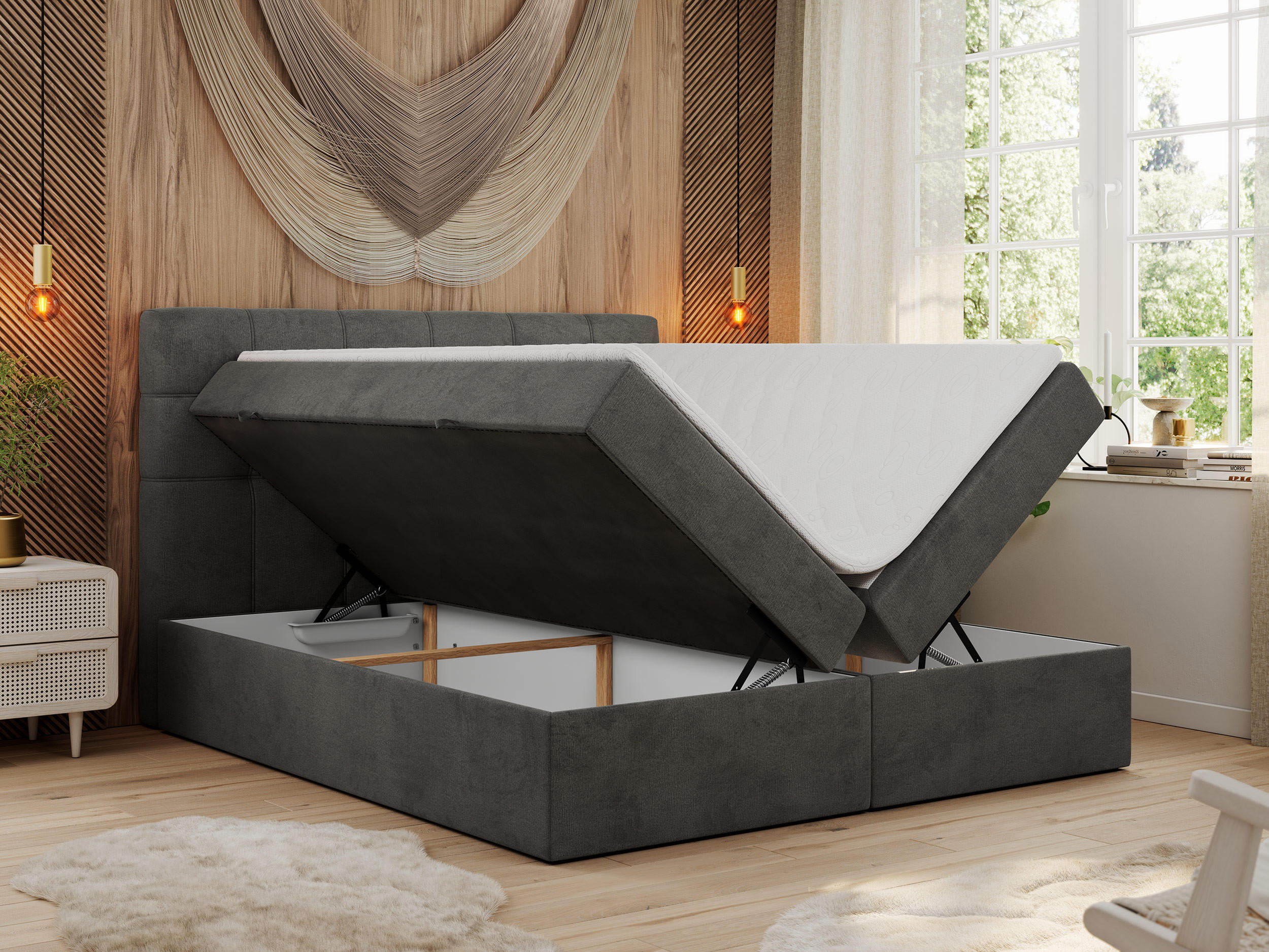 Thumbnail - MKS Boxbett, Dunkelgrau, Textil, 2-Sitzer, H3, Rechteckig, 160x200 cm, Schlafzimmer, Betten, Boxspringbetten