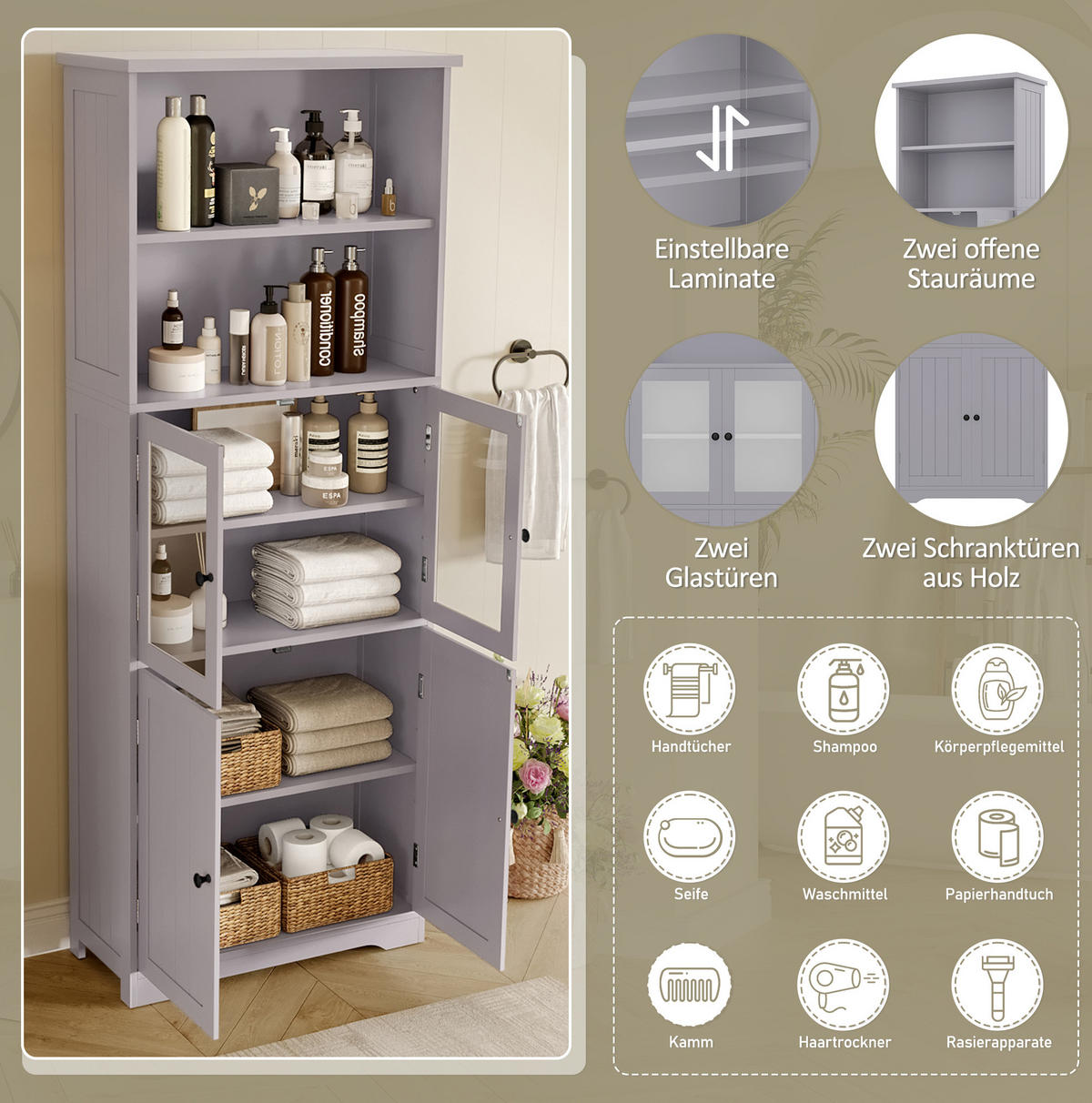 BADEZIMMER-HOCHSCHRANK 57.4x28.5x160cm in Grau, feuchtigkeitsbeständig mit 4 Türen - Grau, Holzwerkstoff (57.4/160/28.5cm) - Modfu