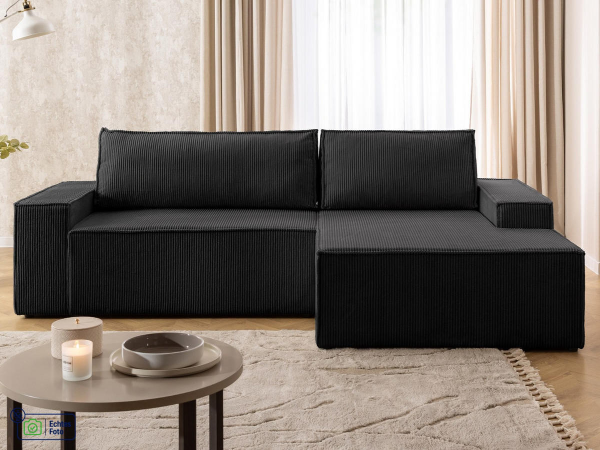 ECKSOFA Rivio mit Schlaffunktion und Bettkasten, Cordstoff Schwarz - Schwarz, Holz/Kunststoff (262/149cm) - S-Style