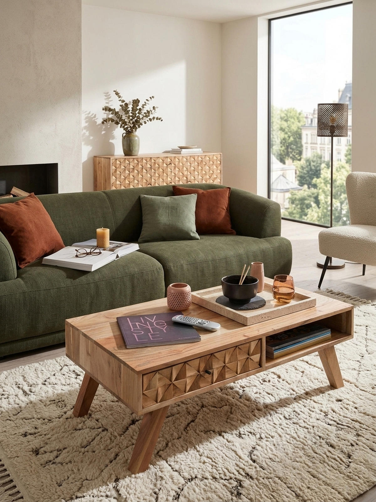 COUCHTISCH Landhausstil Massivholz mit Schublade und Ablagefach, Maße 95x35x50 cm - Beige, Akazienholz/Holz (50/95/35cm) - KADIMA DESIGN