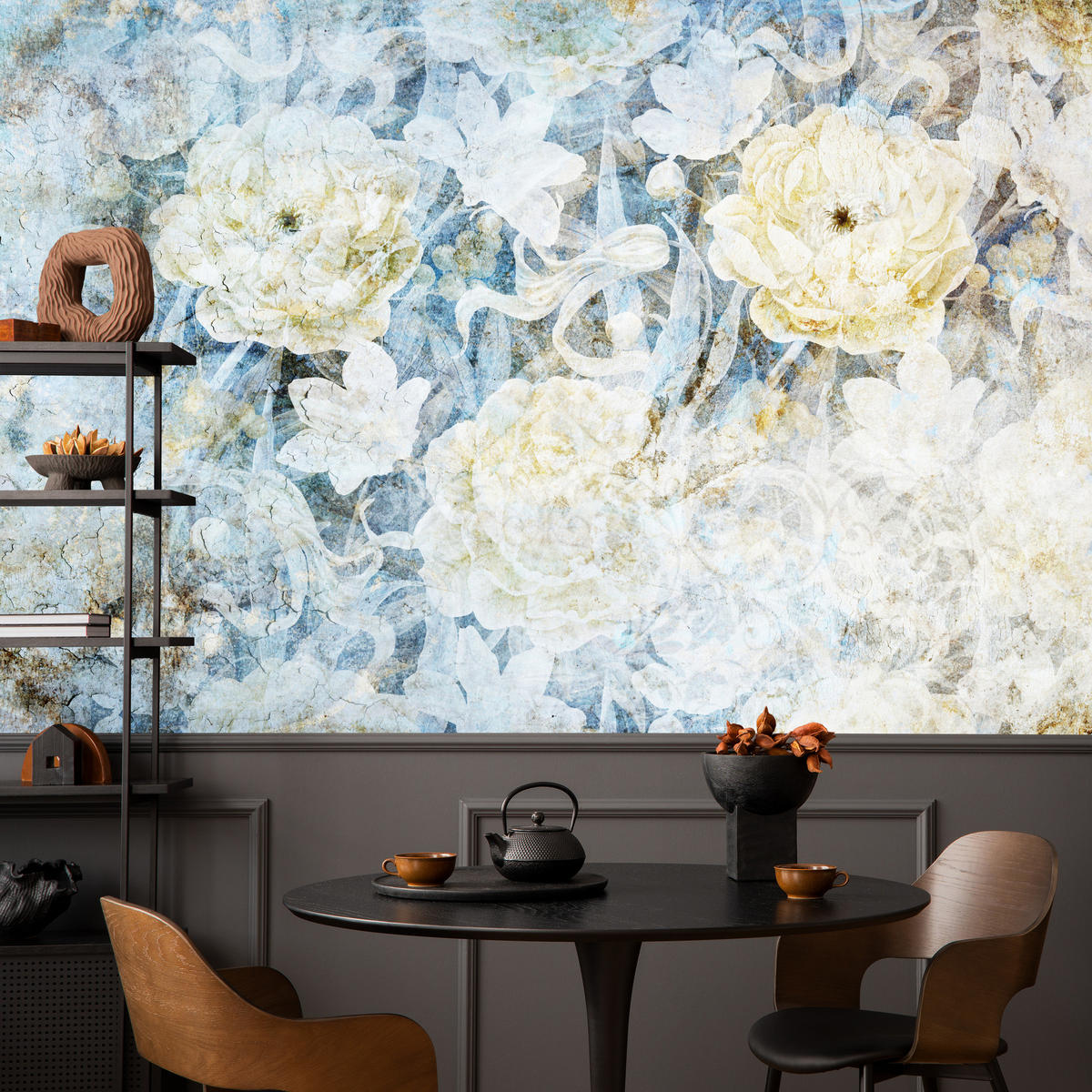 FOTOTAPETE Blumen Abstraktion Vintage Stil 450x315 - Blau/Gelb, Papier (450/315cm) - Muralo