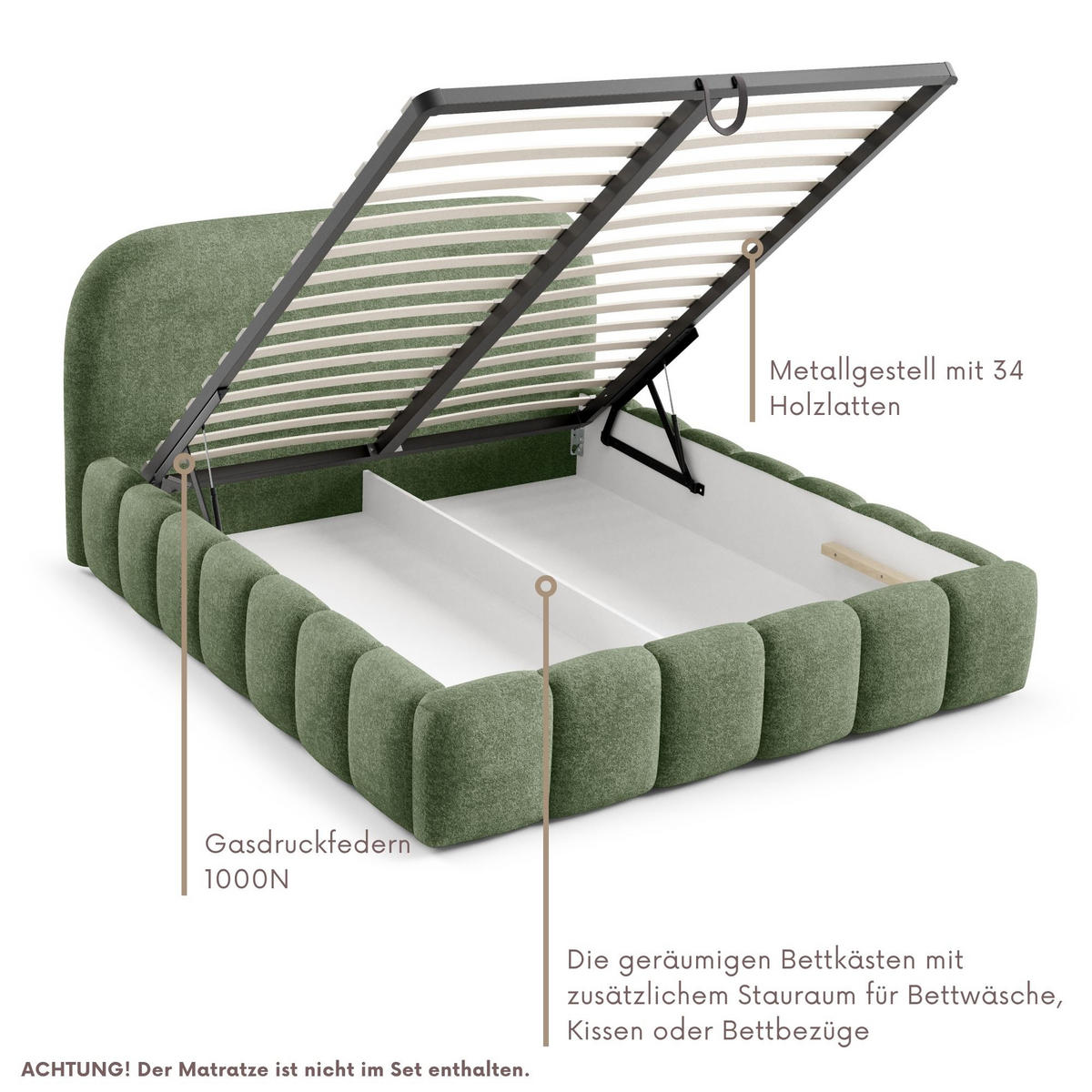 POLSTERBETT BELLURE mit Bettkasten 180x200,Doppelbett mit Stauraum,Lattenrost,Boxspringbett-Optik,ohne Matratze-Grün - Grün, Holz (180/200cm) - Furnistar