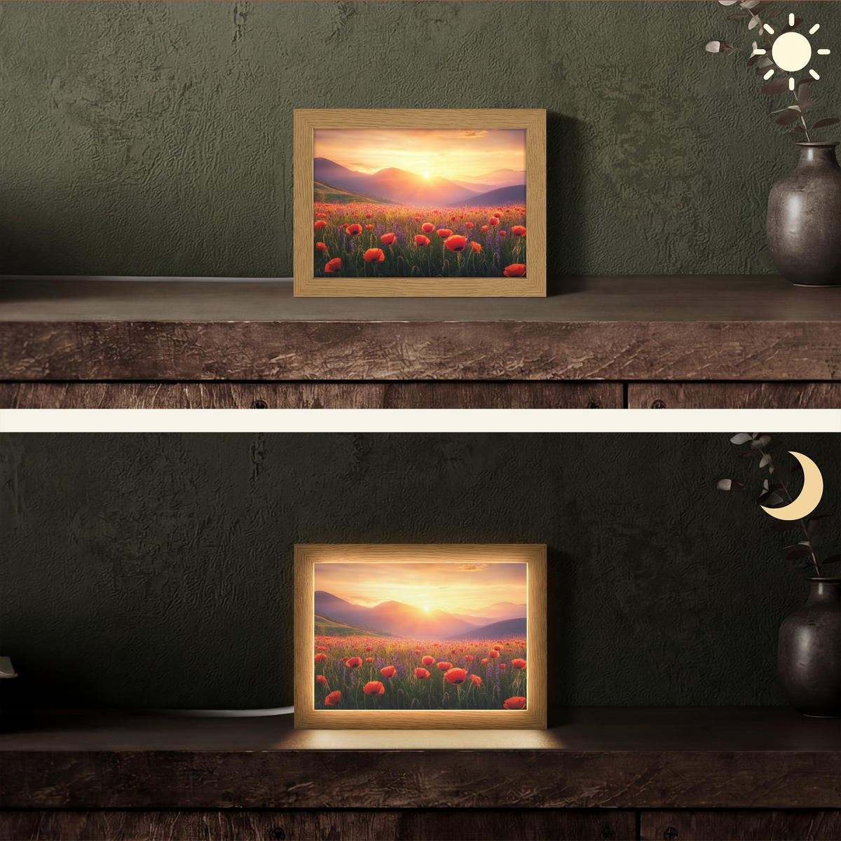 TISCHLEUCHTE Landschaft - Sonnenuntergang - Blumenfeld 20x15 cm - Dunkelblau, Holzwerkstoff (8/20/15cm) - OnlyWow