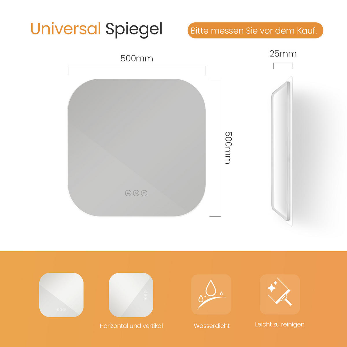 BADSPIEGEL mit Beleuchtung Quadratischer 50/50 cm - Weiß, Glas (50/2.5/50cm) - EMKE