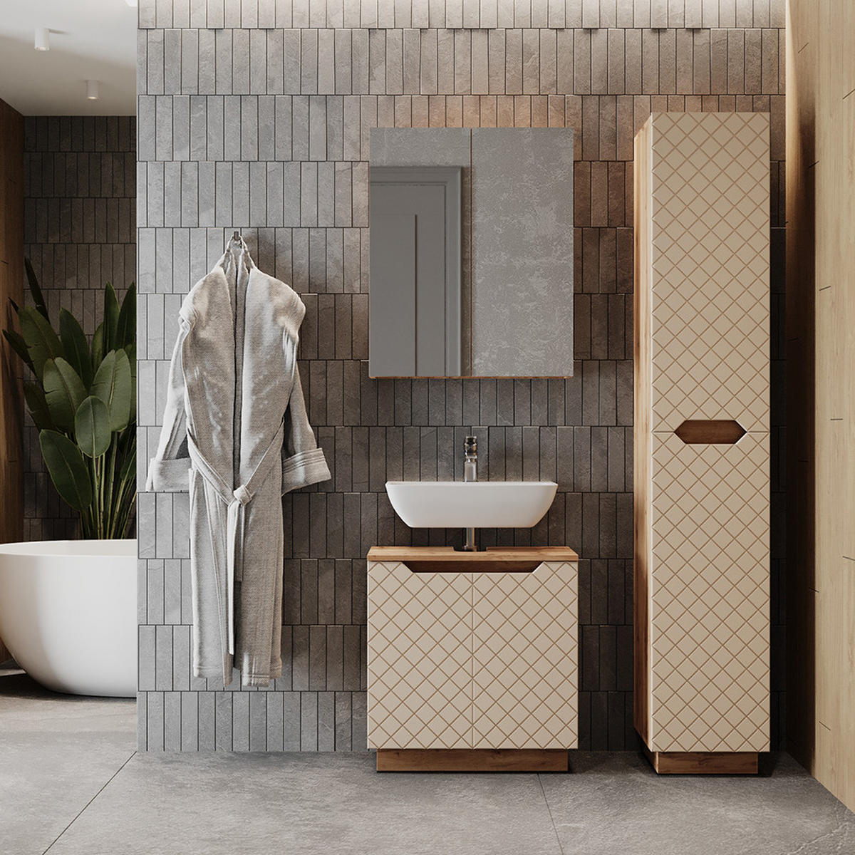 BADMÖBEL-SET Lotta Eiche/Kaschmir mit Kachelstruktur 3 Teile - Kaschmir, Holzwerkstoff (59.8/62.1/32cm) - Vicco