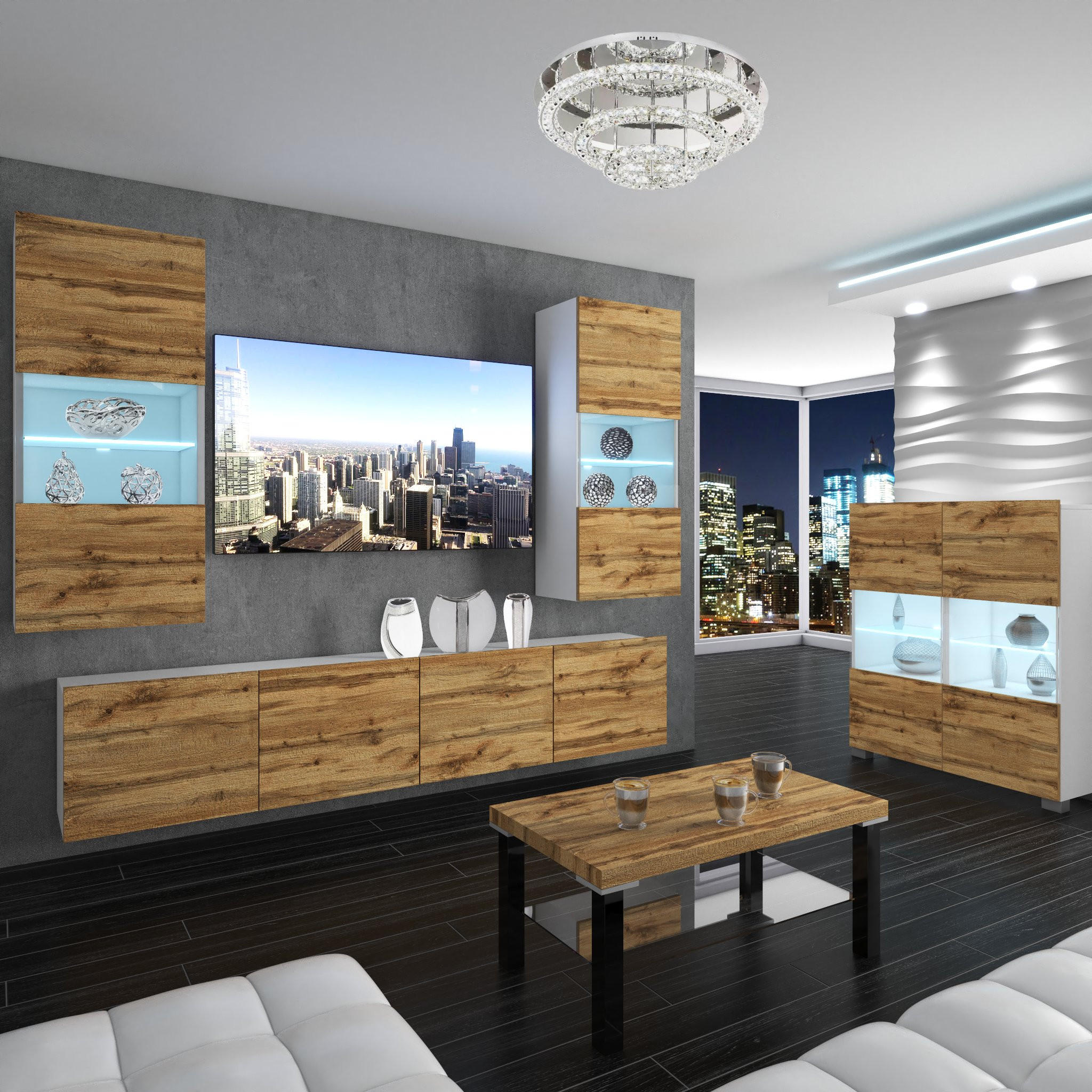 WOHNZIMMERWAND Schrankwand mit LED Wotan-Eiche - Braun, Holz (200/180/36cm) - B BELINI GROUP