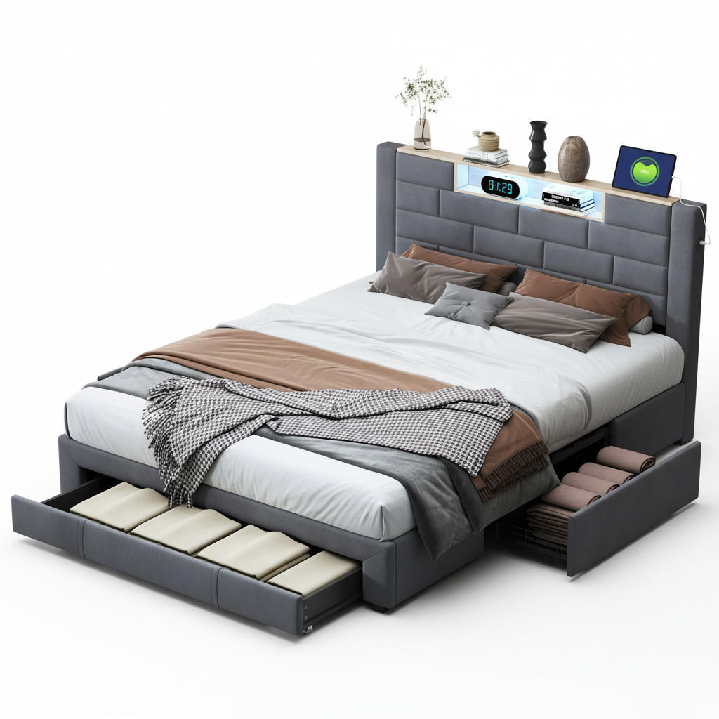 DOPPELBETT mit Schubladen und LED & Ladefunktion 160x200 cm in Grau - Naturfarben/Grau, Holz/Textil (140/200cm) - PARAFTA HOME