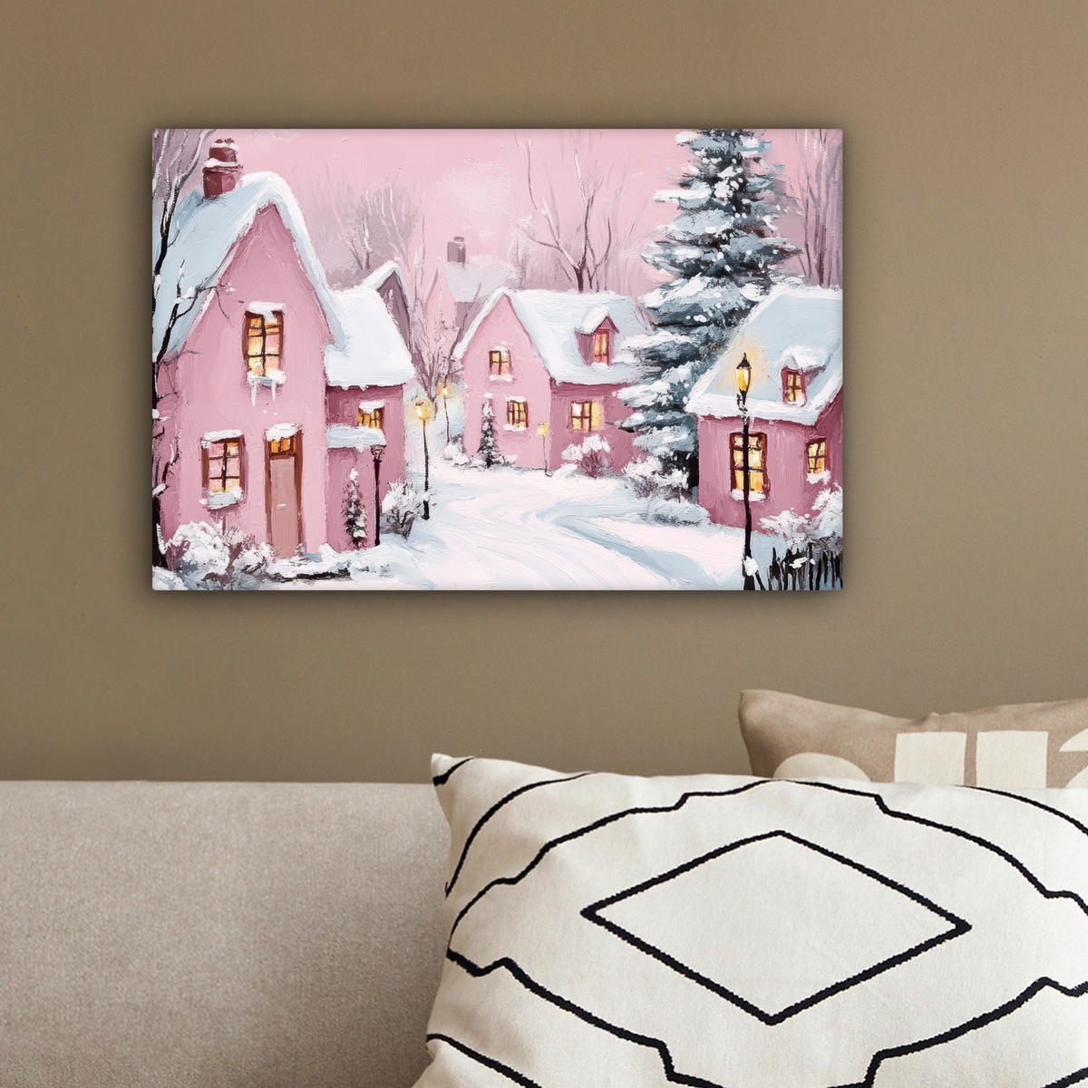 LEINWANDBILD Weihnachtsdorf - Rosa - Winter - Schnee - Häuser 30x20 cm - Altrosa, Textil (30/20cm) - MuchoWow