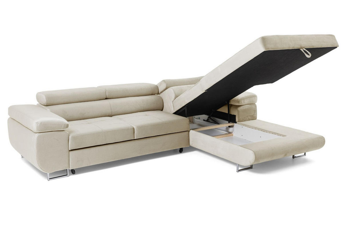 ECKSOFA ALONZO L Rechts mit Schlaffunktion 125x195 Velours Beige - Beige/Silberfarben, Holz/Textil (203/275cm) - Muffo