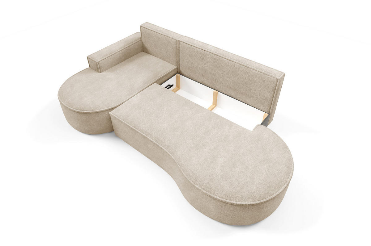 ECKSOFA MOLLY mit Schlaffunktion – Halbrund, freistehend, Liegefläche 140x207 cm, 3 Kissen, Abriamo-Stoff, 277x157x88 cm, Links Beige - Sandfarben, Holz/Textil (157/277cm) - DomoHome