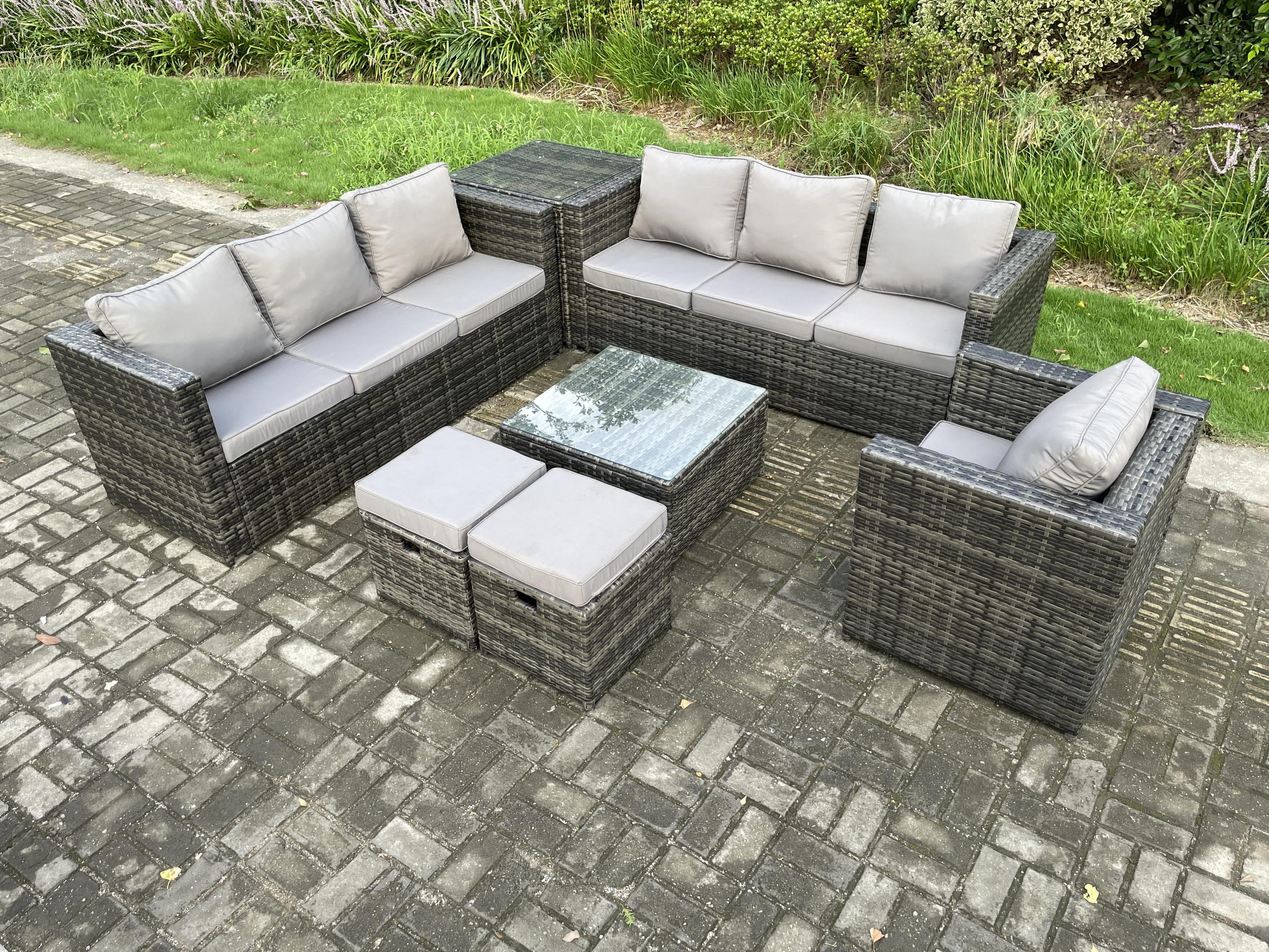 GARTENTISCHGRUPPE Polyrattan 9-Sitzer - Dunkelgrau, Metall - Fimous