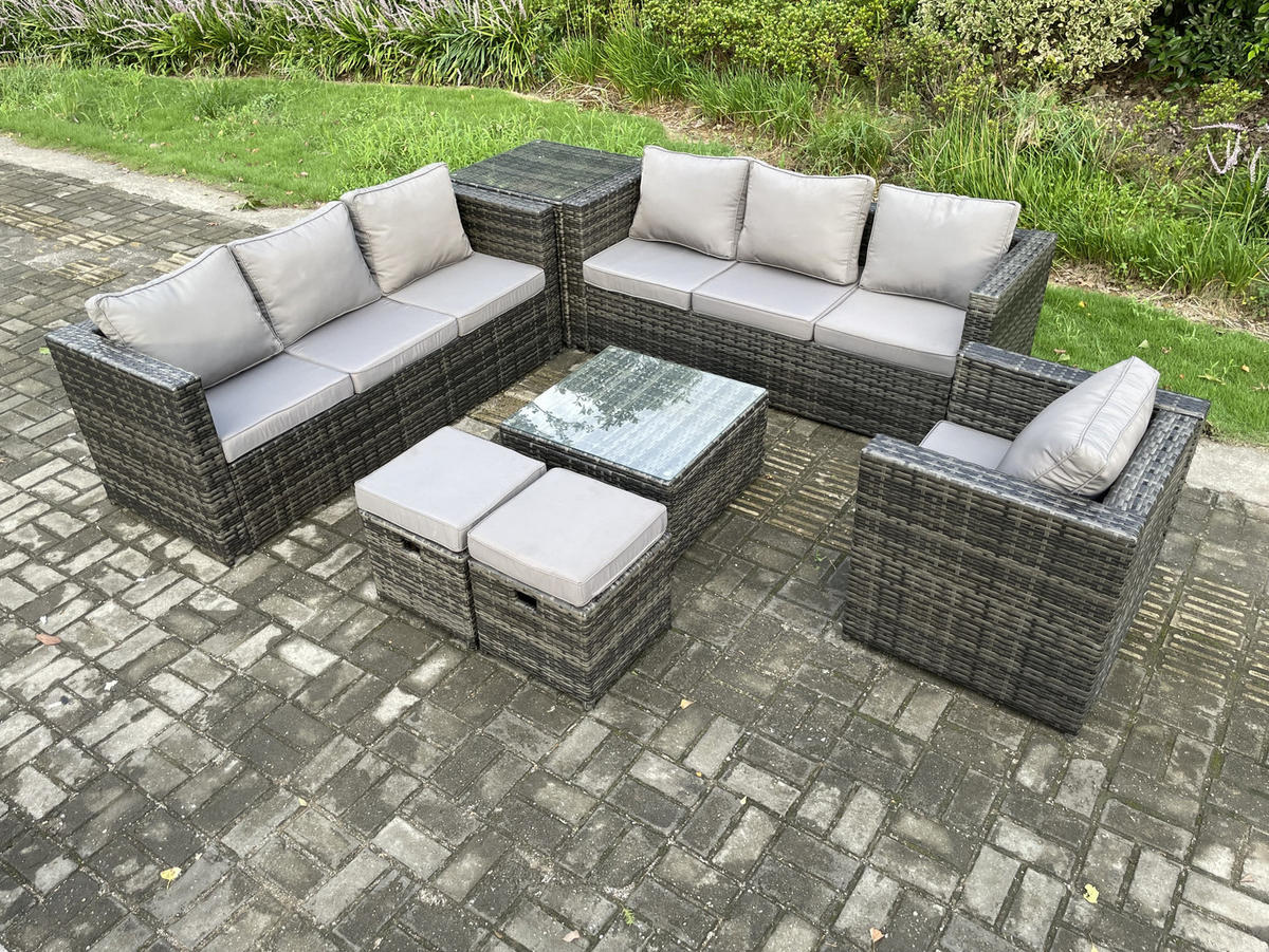 GARTENTISCHGRUPPE Polyrattan 9-Sitzer - Dunkelgrau, Metall - Fimous