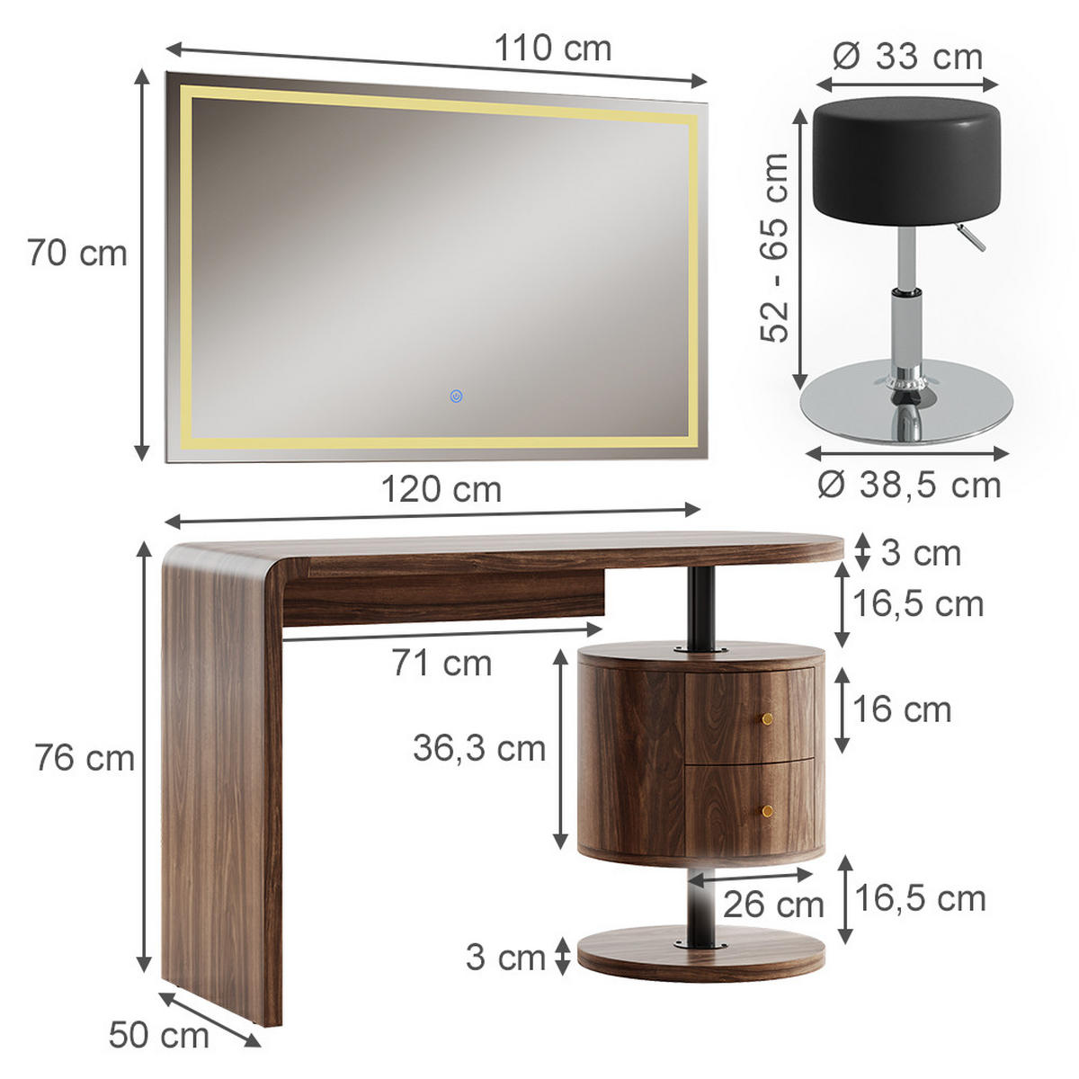 SCHMINKTISCH Lara Eiche rustikal 120 cm mit LED-Spiegel und Hocker - Wildeiche, Holzwerkstoff (120/76/50cm) - Vicco