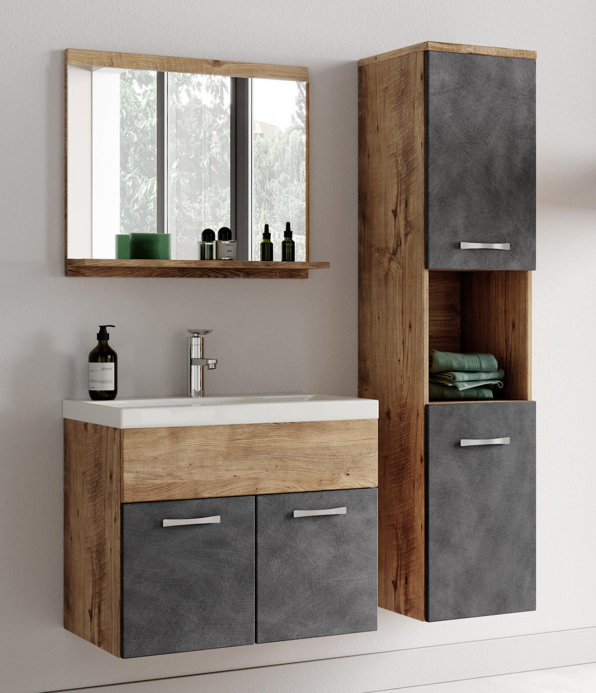 BADMÖBEL-SET Montreal 4 Teile Kastanien Eiche / Grau - 60 x 35 x 51 cm - Eichefarben/Grau, Holz (60/51/35cm) - Badplaats