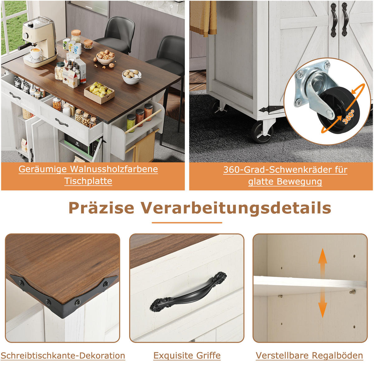 KÜCHENINSELWAGEN aus MDF mit klappbarer Arbeitsplatte, 140/45/72/93 cm, Weiß - Weiß, Holzwerkstoff (140/93/45cm) - Redom