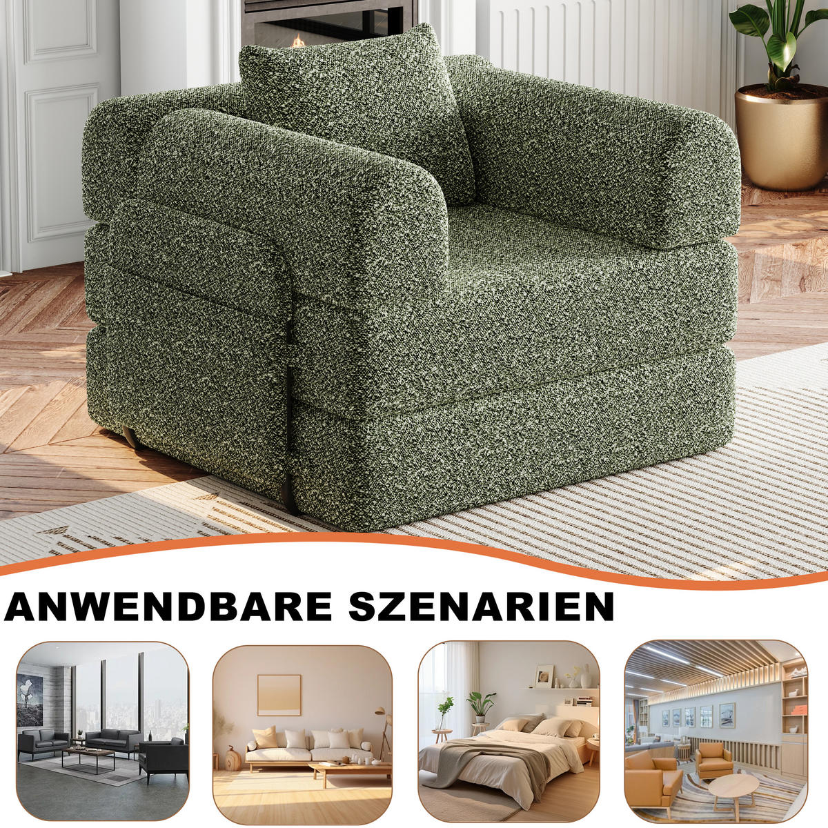 SCHLAFSOFA in Grün – 2-in-1 mit Armlehnenfach und Chenillebezug - Grün, Textil (94/49.5/181.6cm) - BEAOK