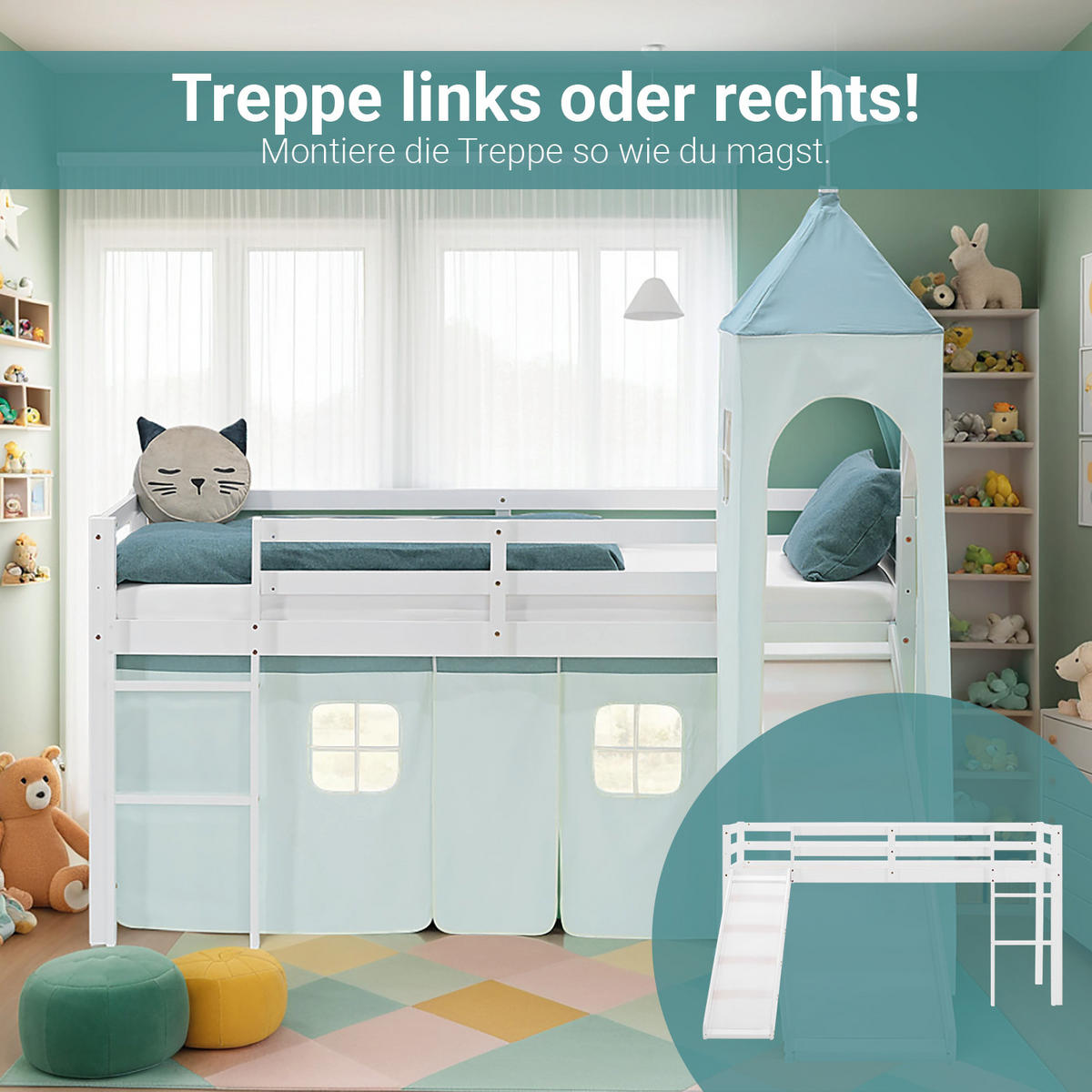 HOCHBETT 90/200 cm in weiß Rutsche Turm Bettvorhang Mint Lattenrost - Weiß/Mintgrün, Holz/Textil (90/200cm) - Homestyle4u