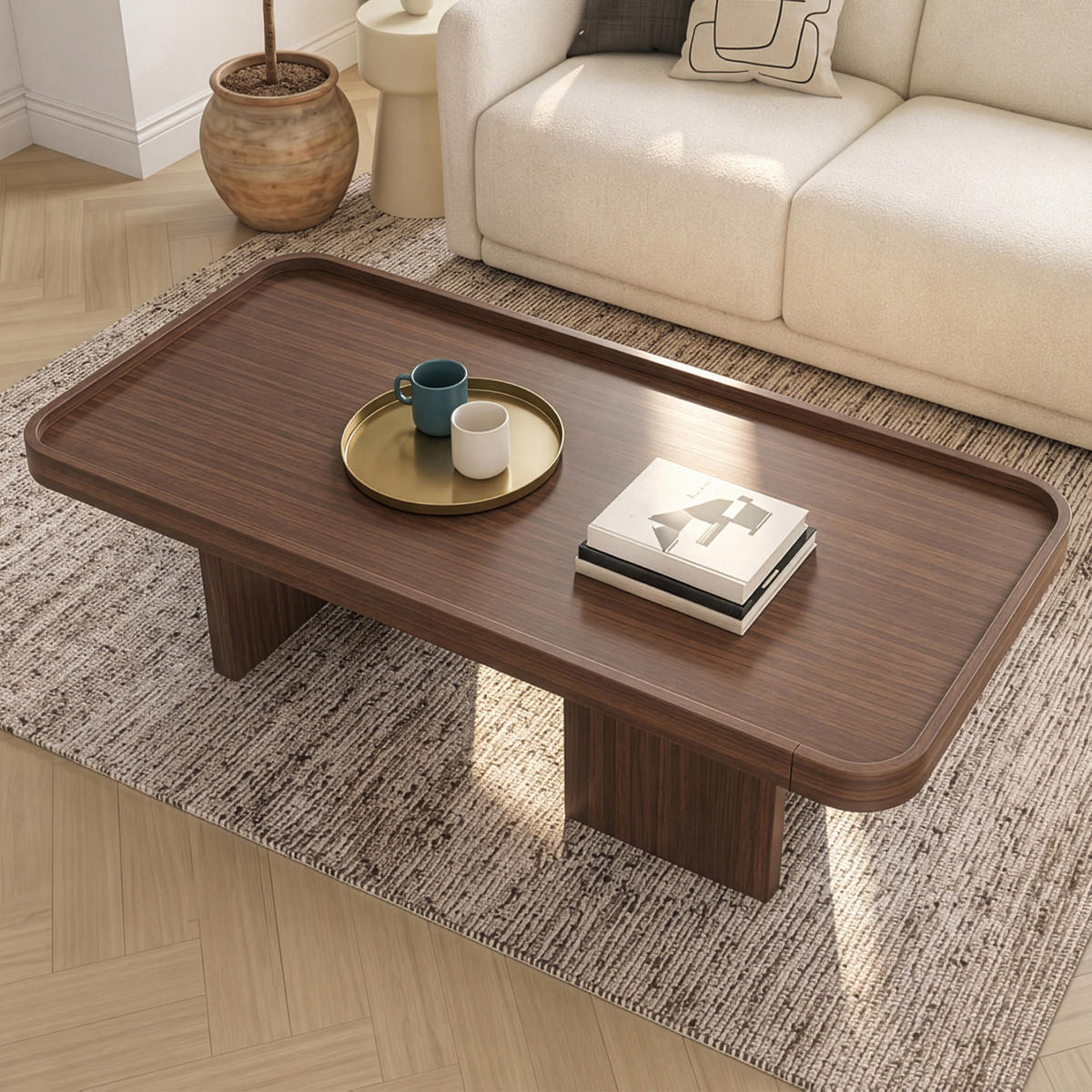 COUCHTISCH 100x50x35,5cm Walnuss-Optik Abgerundete Ecken Retro-Stil - Braun, Holz (111/55.5/14.5cm) - Raelunyi