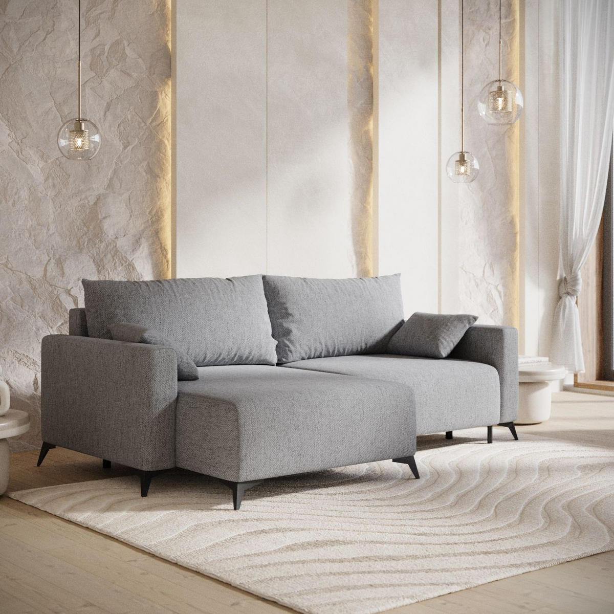 ECKSOFA NUVIO mit Schlaffunktion Grau im Neve Stoff - Schwarz/Grau, Holz/Holzwerkstoff (239/148cm) - AltaBeds