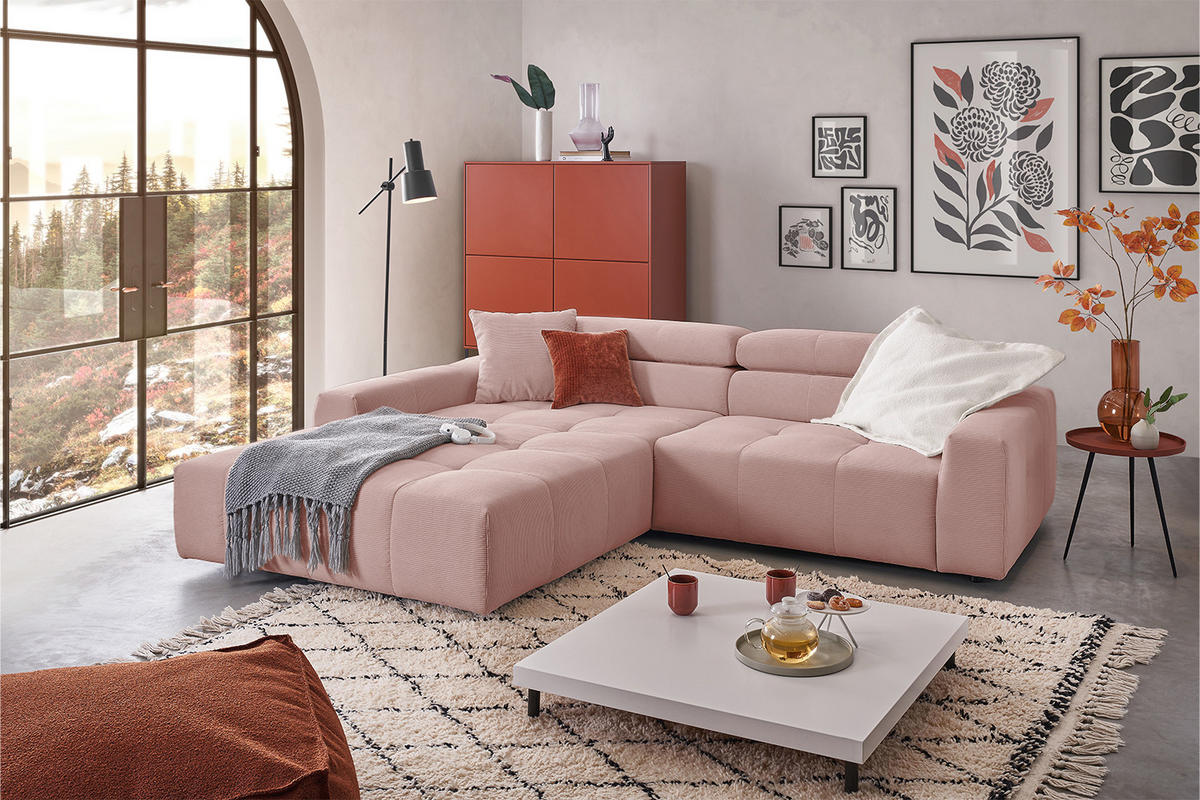 ECKSOFA MIT MOTORISCHEM SITZVORZUG RENO Pink Cord - Pink/Schwarz, Kunststoff/Textil (258/217cm) - KAWOLA