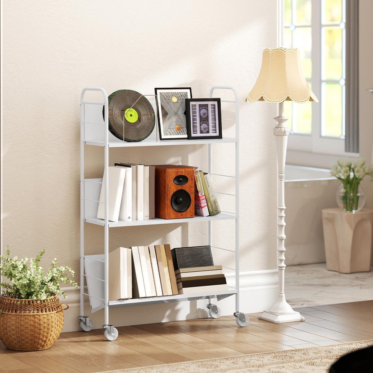 BÜCHERREGAL DE-09381 3 Ebenen mit Rollen Weiß - Weiß, Metall (26/108/69cm) - ComfortXL