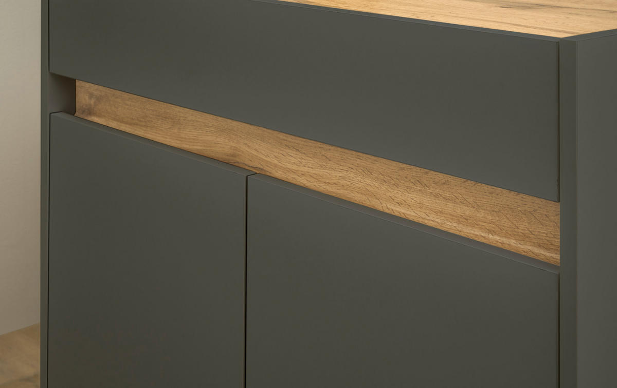 SCHREIBTISCHKOMBINATION 4-teilig grau matt, Eiche Wotan, Büromöbel Set mit viel Stauraum - Eiche Wotan/Schwarz, Holzwerkstoff/Kunststoff (140/143/180cm) - Furn.Design