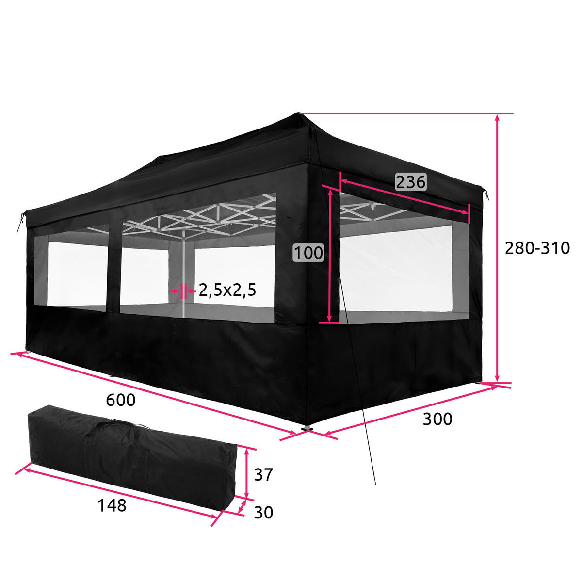 PAVILLON Viola,inklusive Spannseile, Heringe und Tragetasche,schwarz - Schwarz, Kunststoff (300/280/600cm) - tectake