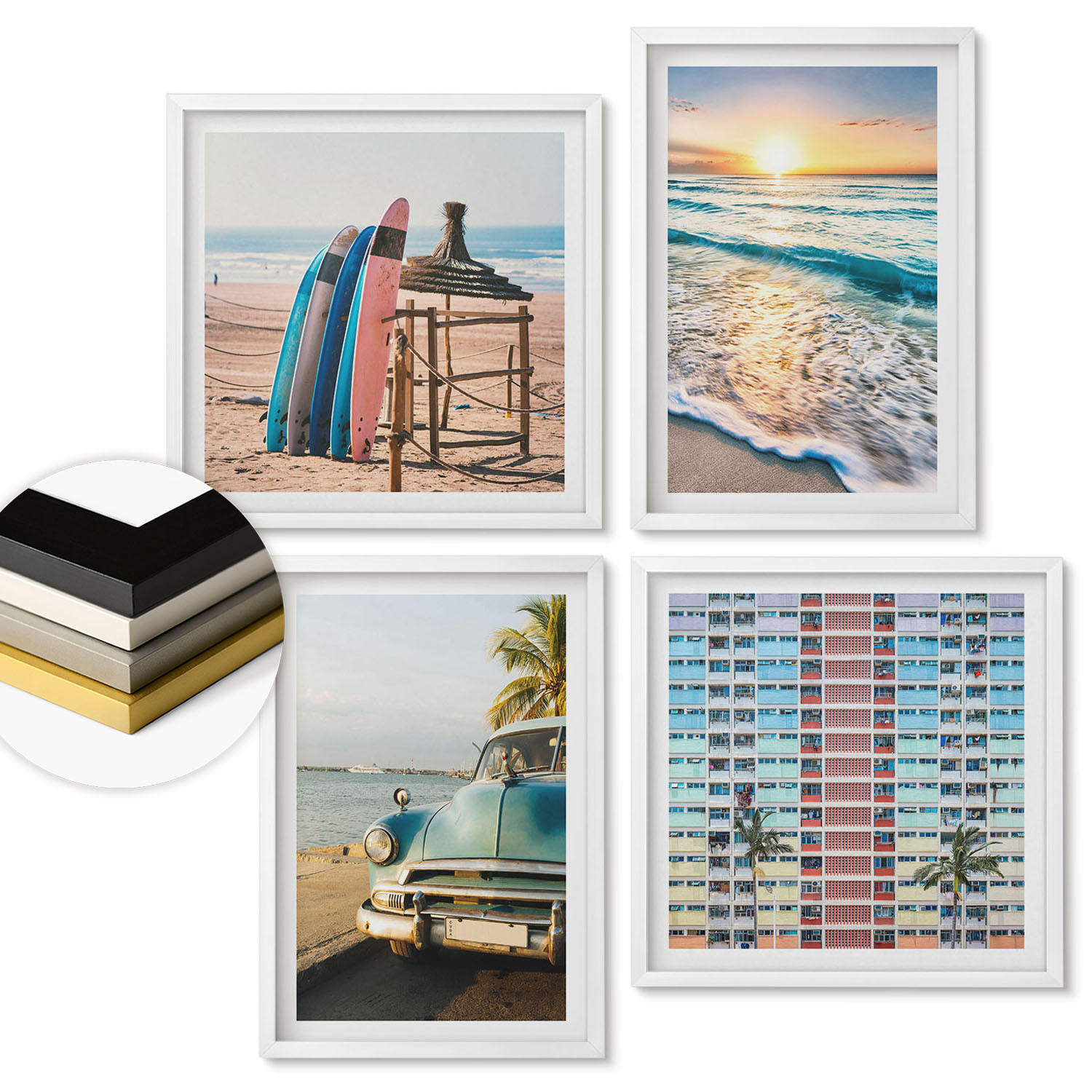 WANDBILDER 4er-Set - 50x50 cm & 40x60 cm Weißer Rahmen - Sonnenuntergang in Miami - Weiß, Kunststoff (50/50cm) - ArtPrintCave