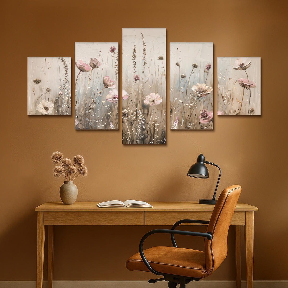 LEINWANDBILD 5er Set Blumen - Beige - Modern - Rosa 150x80 cm - Ecru, Textil (150/80cm) - MuchoWow