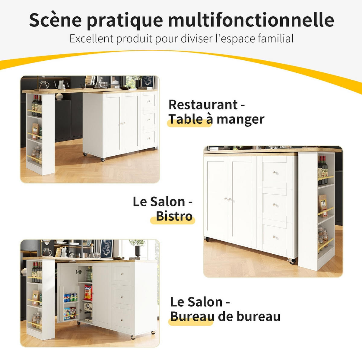 KÜCHENINSEL Stehtisch DREHBAR, Kücheninsel mit Rollen, 3 Schubladen, MDF Weiß, Küche und Wohnzimmer, 203/39/104 cm - Weiß, Kunststoff (39/106/203cm) - Rolipo