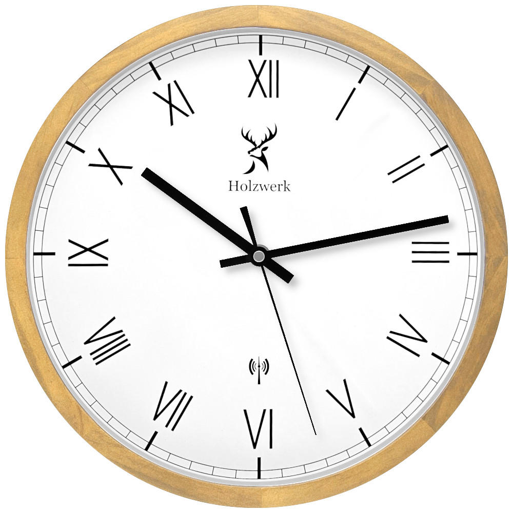 WANDUHR Holz Designer FREIBURG (FUNK) Loft Wand Uhr, beige, weiß - Beige/Schwarz, Glas/Holz (30/30/4.2cm) - Holzwerk