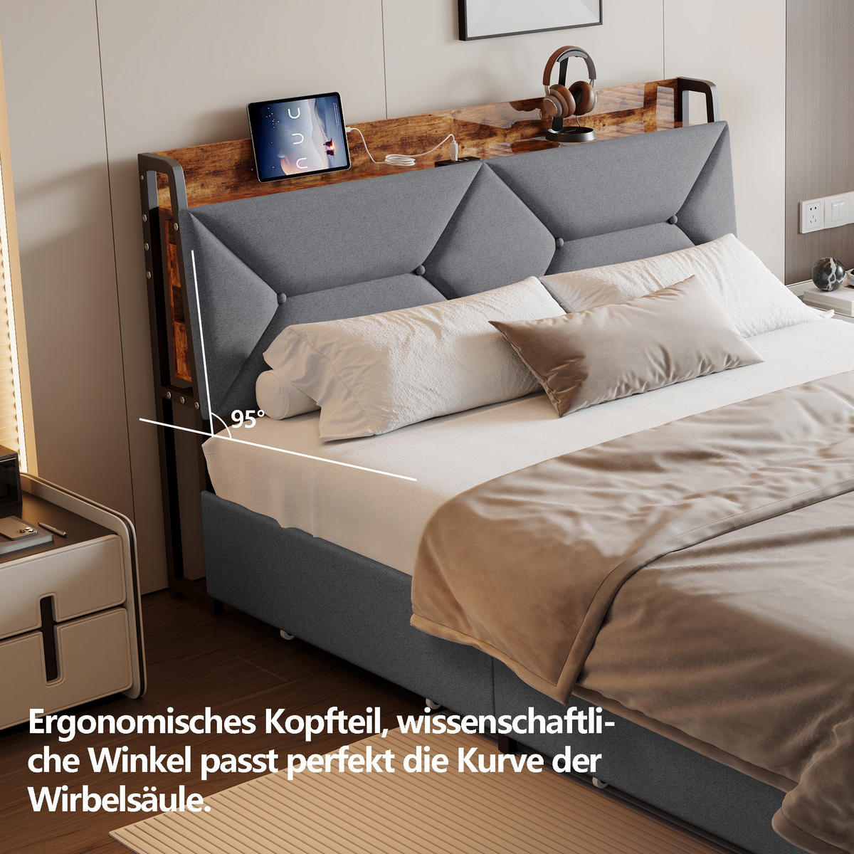 POLSTERBETT 160x200 cm mit ergonomischem Kopfteil und 4 Schubladen - ohne Matratze - Grau - Grau, Textil (160/200cm) - DELFA
